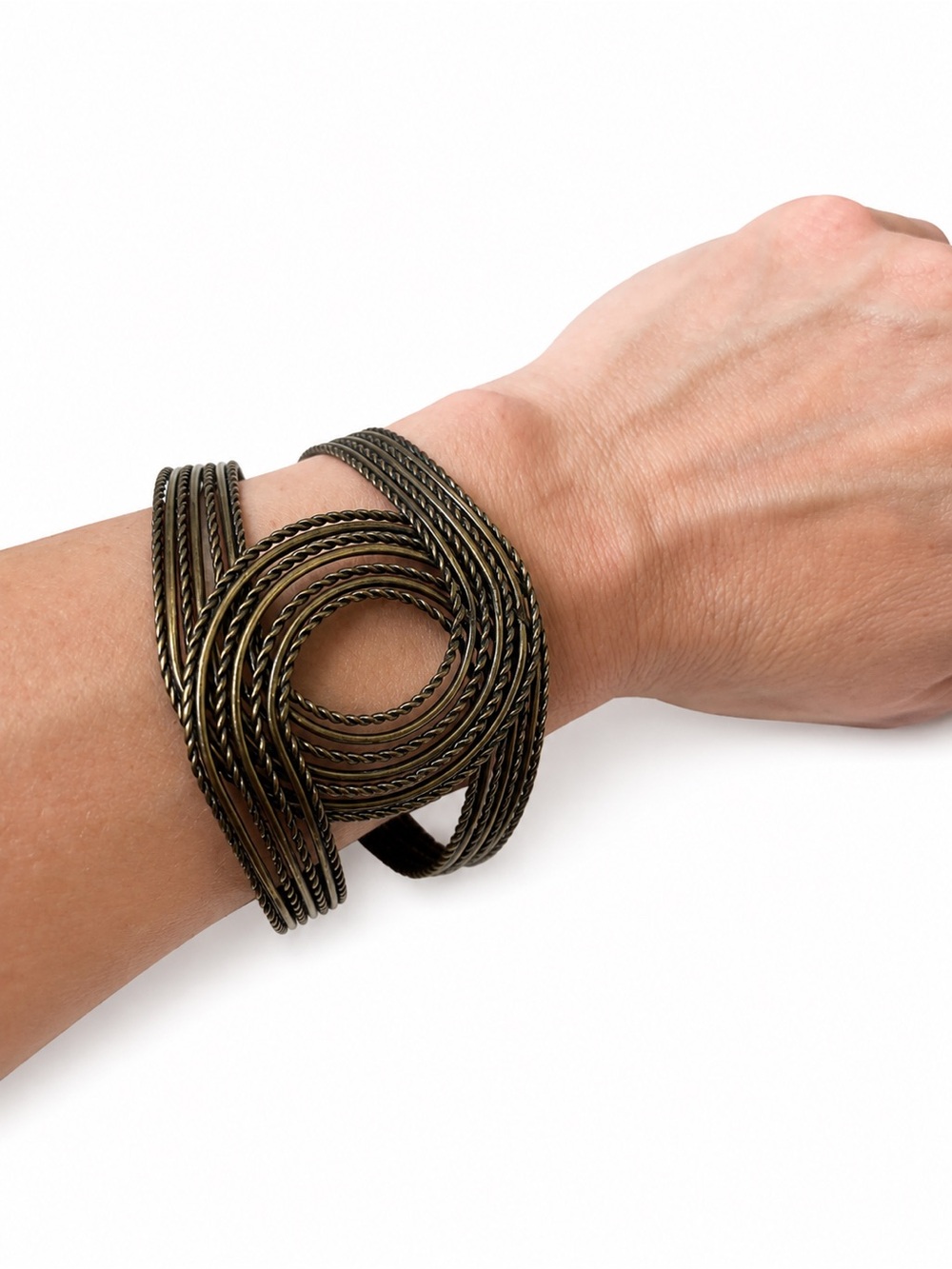 Antique Brass Tone Multi Strand Spiral Statement Boho Cuff Bracelet